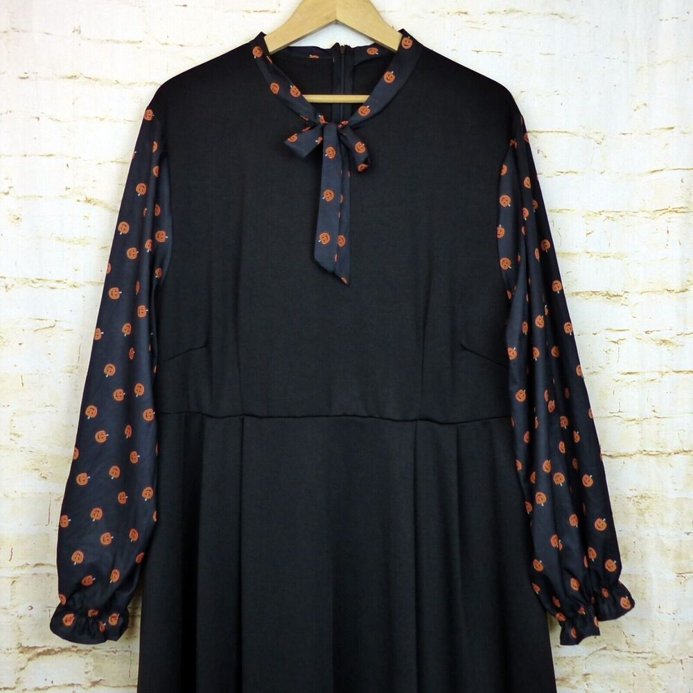 Pumpkin Print Halloween Dress Womens 4XL Black Contrast Long Sleeves Tie Neck - Picture 3 of 14